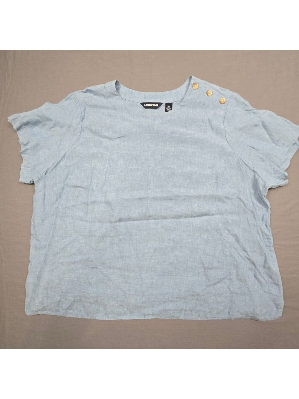 Lands End Womens 2X Short Sleeve Blue 100% Linen Button Shoulder Blouse